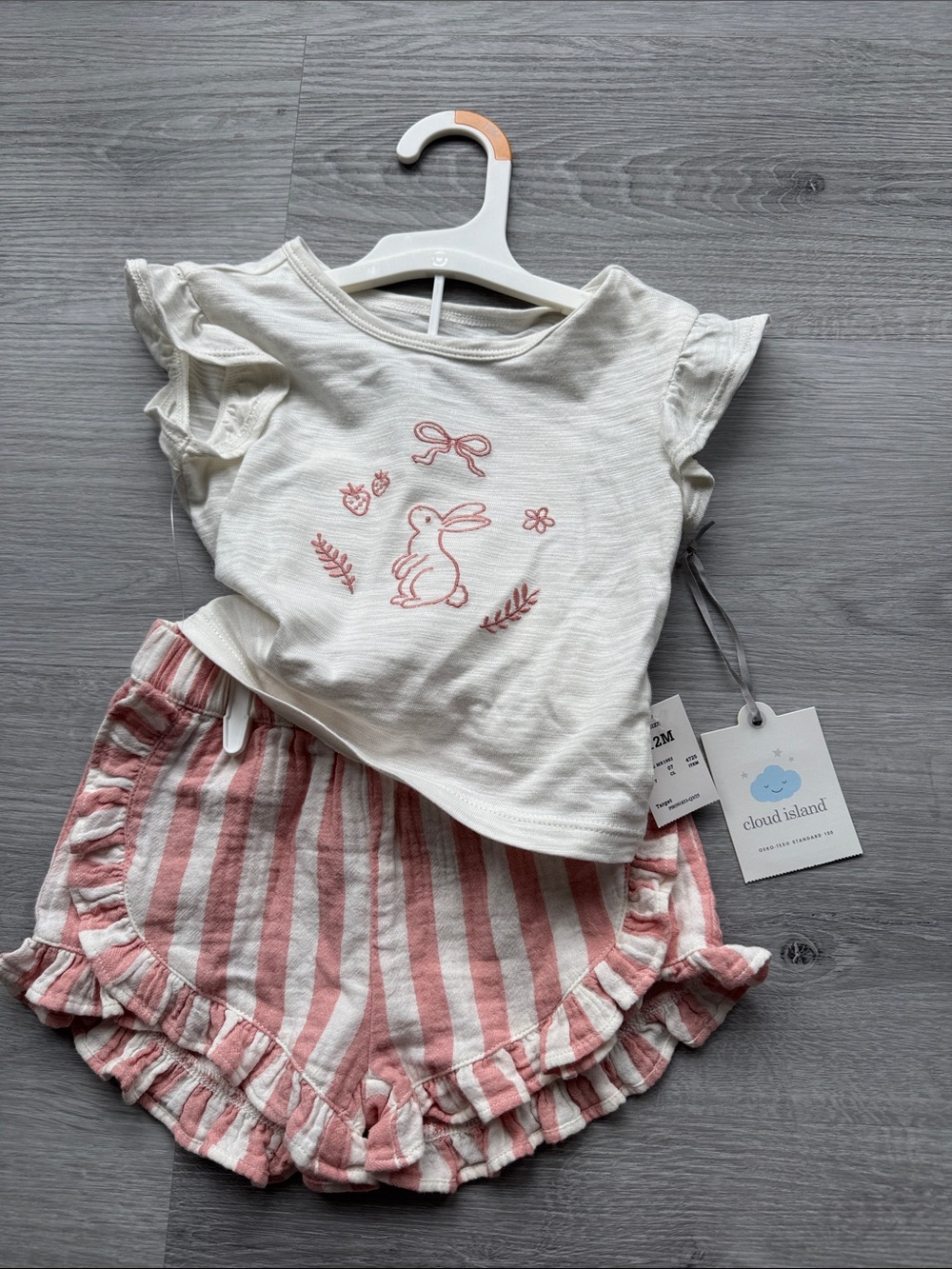 cloud island Cream Tee with Pink Bunny Embroidery & Pink Stripe Ruffle Shorts